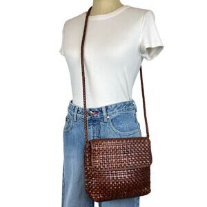 Vintage Brown Genuine Leather Woven Crossbody Purse Shoulder Bag